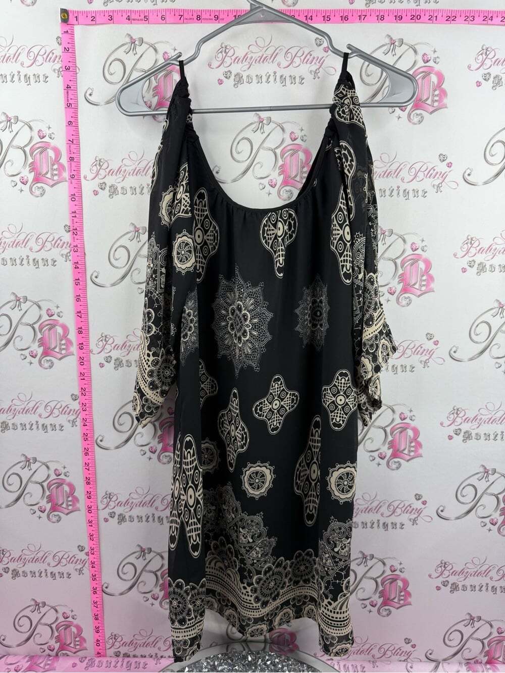MM Couture dress Black Cold-Shoulder Tunic with Cream Medallion Print